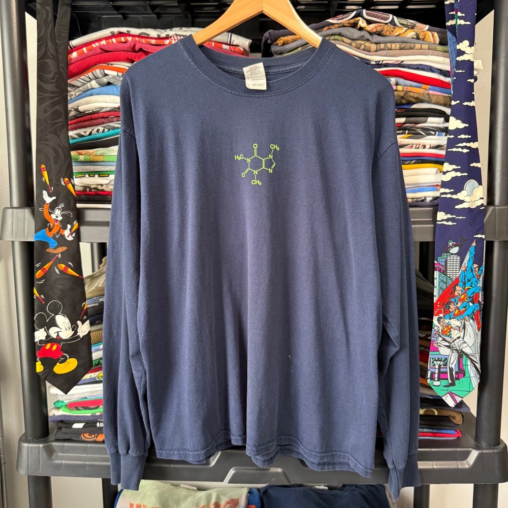 Vintage Navy Caffeine Molecule Science Graphic Long Sleeve Shirt Large Light Wea